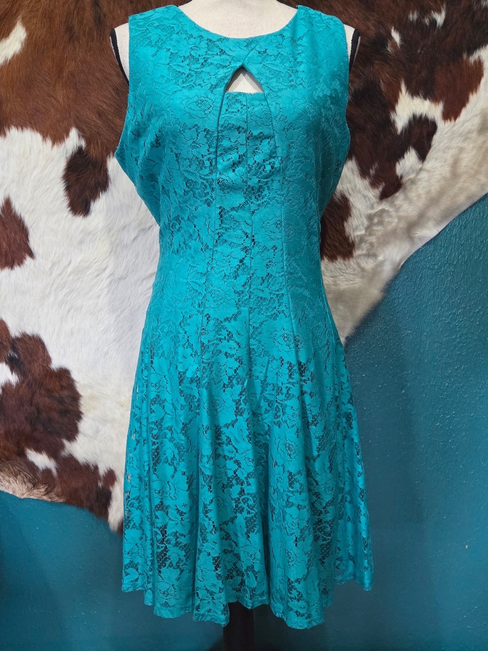 Danny & Nicole Teal Lace Midi Dress with Keyhole